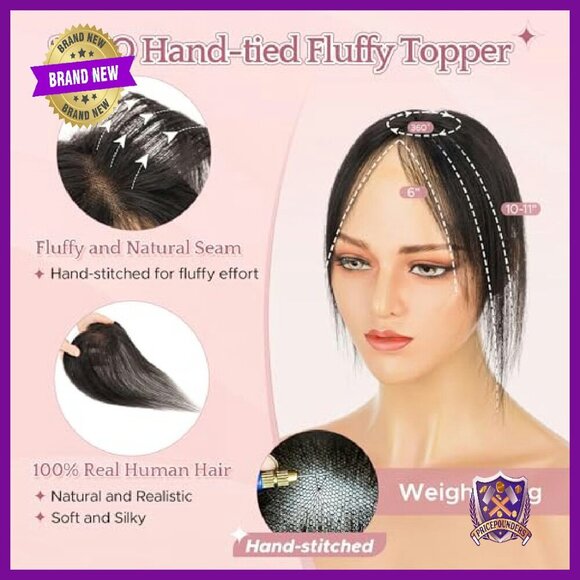 Real Human Hair Topper with Side Bangs, 9x12.5cm Hand-Tied Base, Invisible Edges main image 6